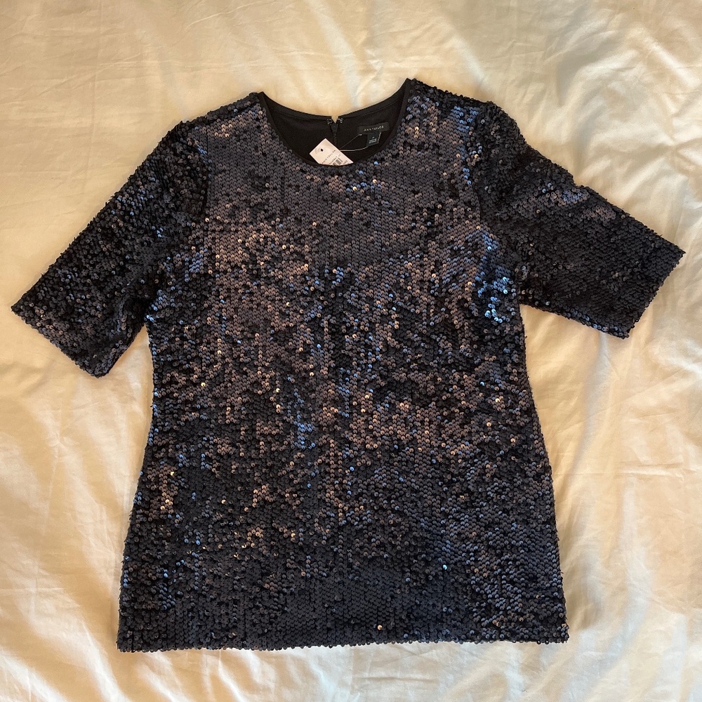 Ann Taylor Navy Sequin Short-Sleeve Top